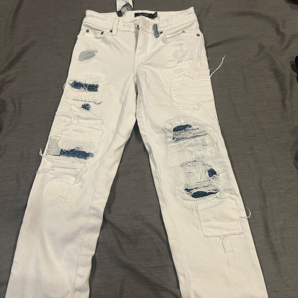 Ralph Lauren White Distressed Patchwork Jeans with Indigo Underlays